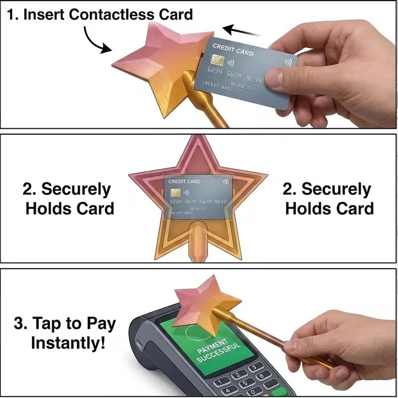 3D Printed Magic Wand Credit Card Holder with Tap Payment Portable Lightweight Funny Star Wand Style Card Stand Novelty Gift