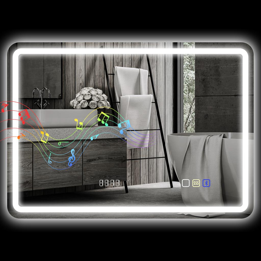 Bathroom mirror Bluetooth with LED lighting 50 x 70 cm, illuminated wall mirror with clock, anti-fog, silver
