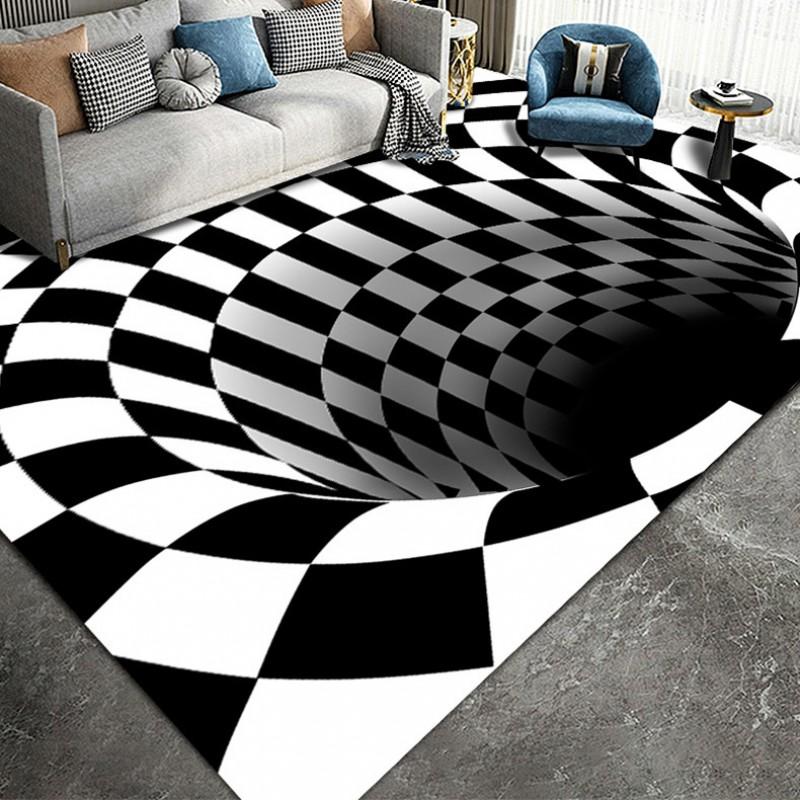 3D Optical Illusion Black White Grid Rug Living Room Office Modern Non-Slip Floor Mat Nordic Style