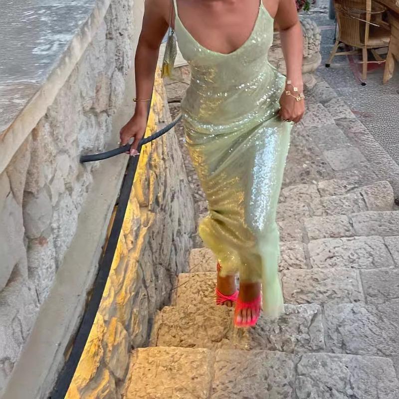 Explosive Sexy Suspender Backless Slim Sequin Dress Long Dress