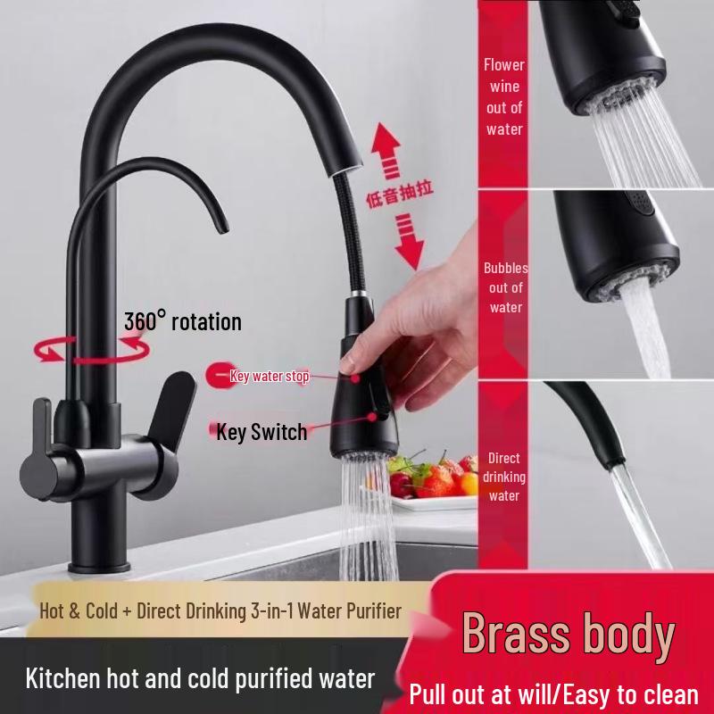 All-Copper 3-in-1 Pull-Out Kitchen Faucet with Hot, Cold, and Pure Water Options