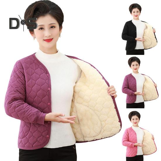 Mid-aged Women Jacket Plush Size Thickened Fleece V Neck Single-breasted Slim Fit Long Sleeves Warm Pockets Mother Bottoming Coat