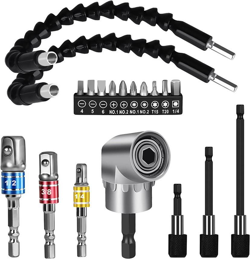 18-Piece Flexible Shaft Screwdriver Bit Extension Set (60, 100, 150mm) with Conversion Joint Rods.
