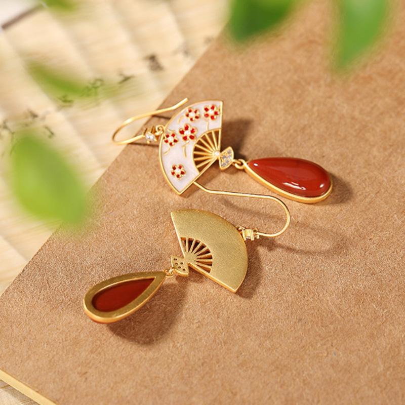Ancient Gold Craft Southern Red Tourmaline Blossom Fan Earrings for Women Chinese Style Exquisite Water Drop Eardrop Jewelry
