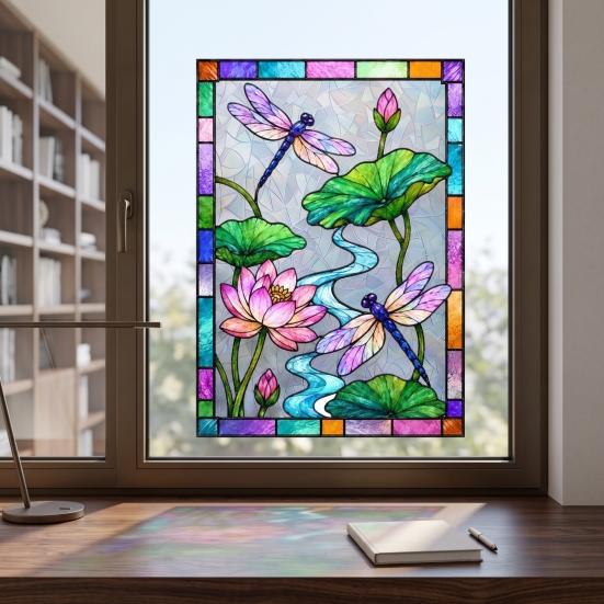 Waterproof Window Film Dragonfly Lotus Stained Glass Style Cling, Rainbow Suncatcher Static Pattern Decal, Privacy for Home Door Balcony Bathroom