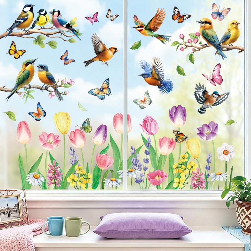Spring 2026 New Butterfly Hummingbird Flower Static Cling Window Stickers for Home Decor Room Atmosphere