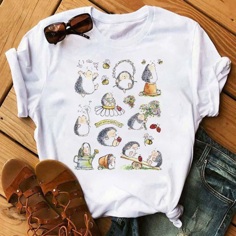 Maycaur Cute T-shirt Female Hedgehog Dandelion Print Tshirt Summer Casual Short Sleeves Tee Tops Kawaii Women Tshirt Streetwear