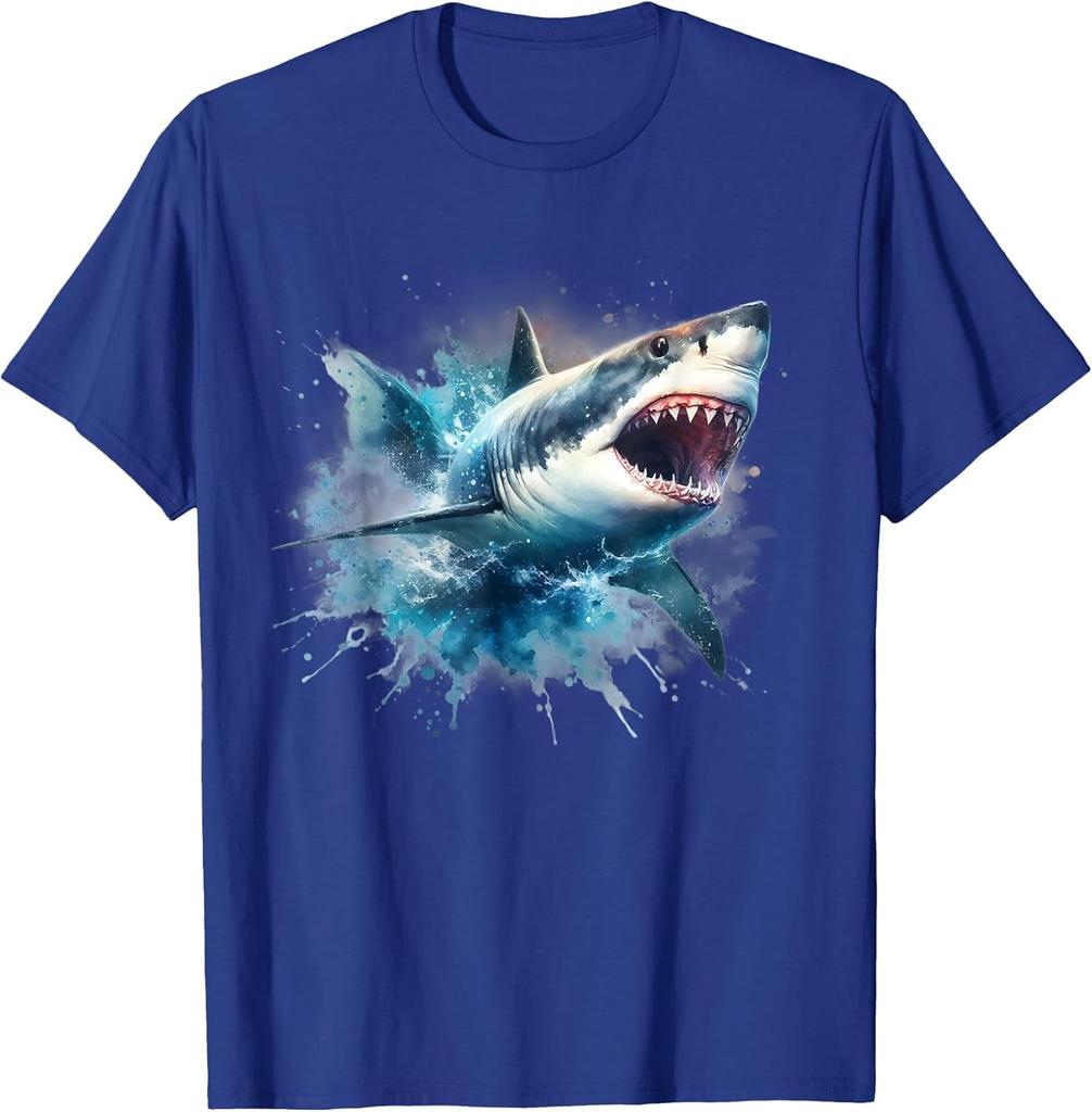 Great White Shark Splashing Water Graphic Tee Breathable Cotton Short Sleeve TShirt