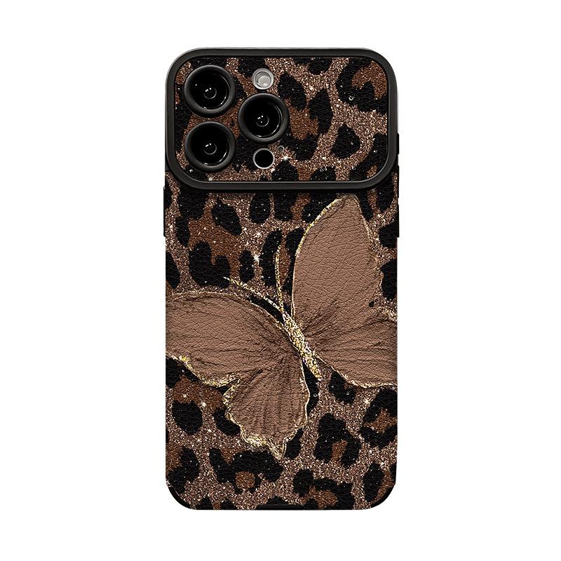 Vintage Leopard Butterfly Lanyard Phone Case for iPhone 11-17, Leather Texture Camera Protection Silicone Cover