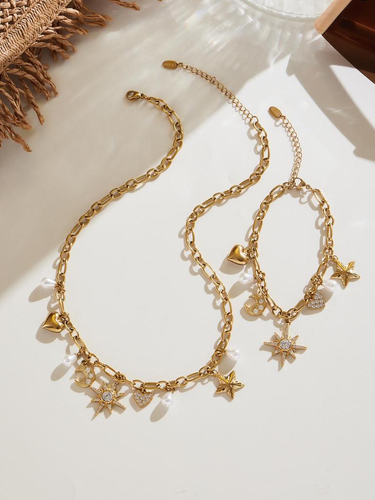 Star Moon Pearl Zircon Necklace & Bracelet Set with Multi-Accessory Design