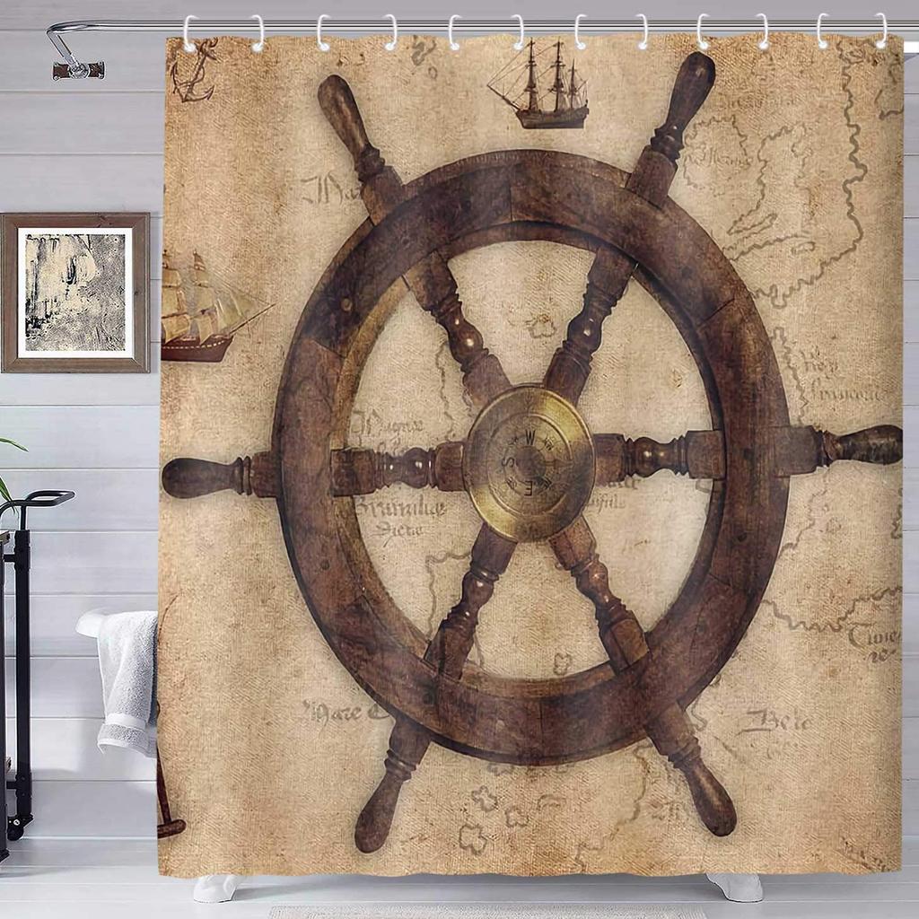 Maritieme Eilandkaart Douchegordijnen, Vintage Oude Kaart Piratenschip Decor Polyester Oceaan Oude Piraten Schatkaart Douchegordijn
