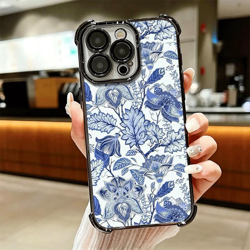 Blue And White Porcelain Pattern Plating Phone Case For Iphone 16 17 Pro Max Air 16E 14 15 Plus 12 13 Mini Anti-Fall Airabag Cov