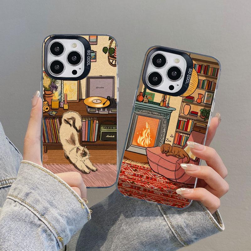 Vintage Sleepy Cat & Home Furnishings Artistic Laser Phone Case For iPhone 11 12 13 Mini Pro Max 17 16 15 14 Pro Max Plus Covers