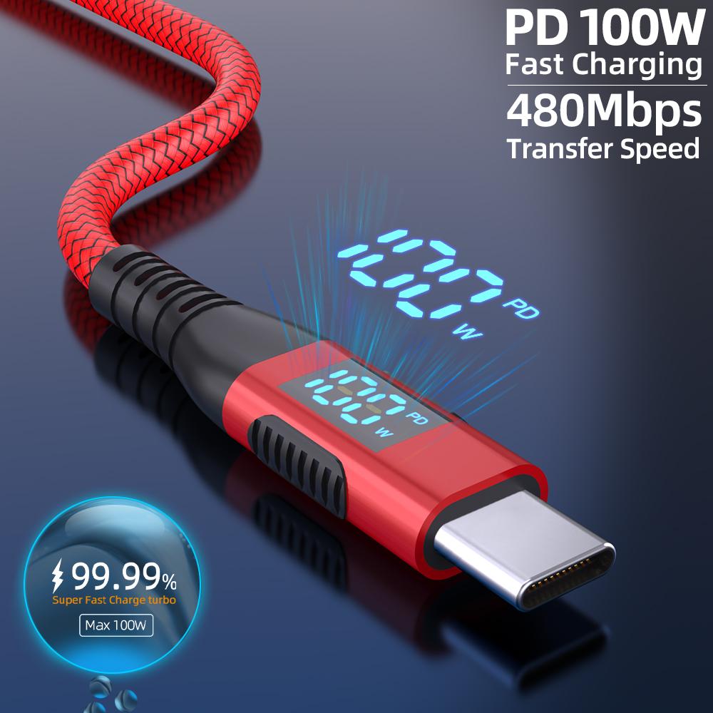 2m USB-C To USB-C Cable 100W 5A/20V Nylon Braided Phone Tablet Fast Charging Digital Display Cord