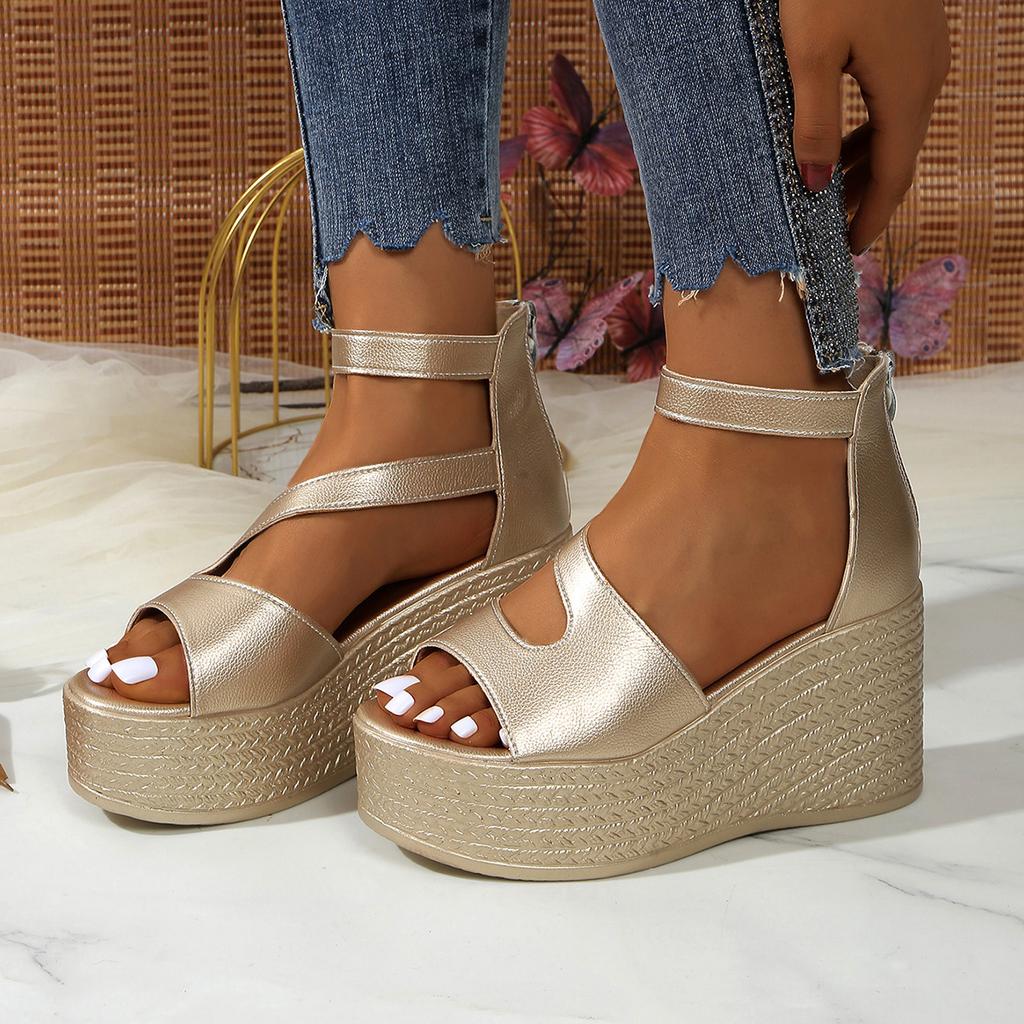 2025 Foreign Trade New Summer Women's Platform Wedge Sandals Large Size Round Toe One Line Wedge Platform Sandals