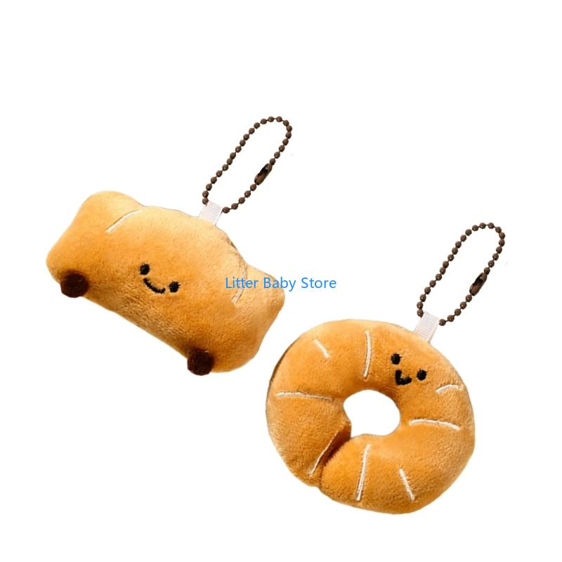 N80C 2Pcs Cartoon Bread Shaped Plush Stuffed Toy With Keychain Lover Gift
