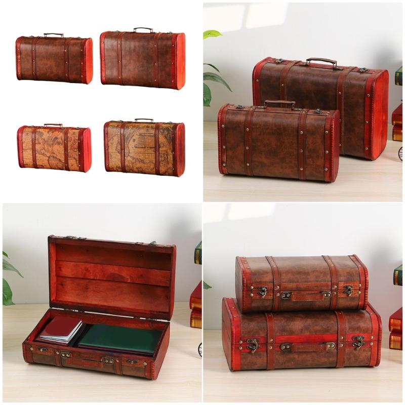 Wooden Trunk Faux Leather Handle Carrying Case Portable Storage Container For Jewelry Cosmetics And Collectibles