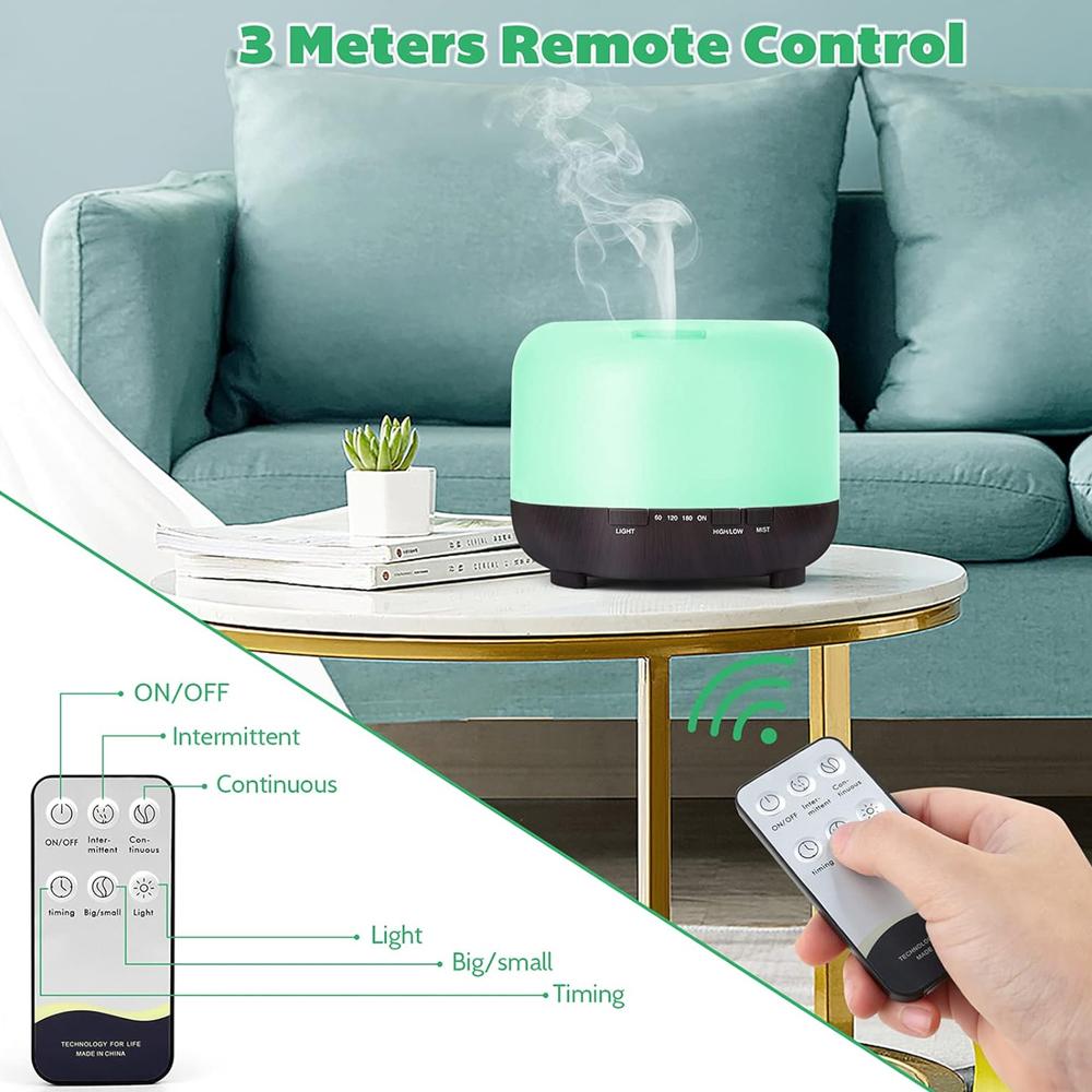 Essential Oil Diffuser Aromatherapy Humidifier 500ml Ultrasonic Aroma Air Vaporizer for Large Room Quiet Mist Humidifiers Remot
