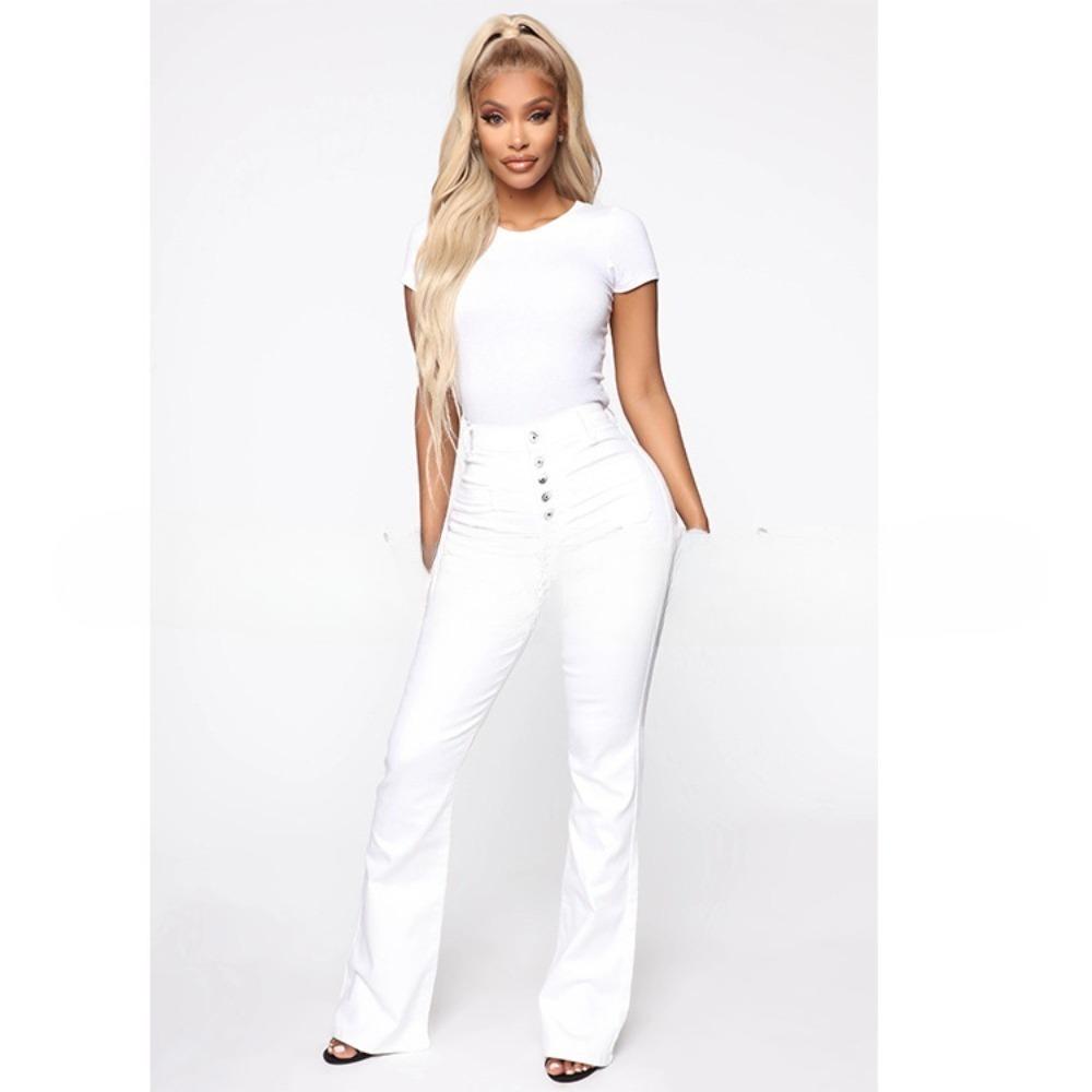 Women's High Waist Flared Denim Jeans, Button Fly Front Pocket Washed Stretch Bootcut Long Jeans, Vintage Slim Fit Fashion Denim Pants