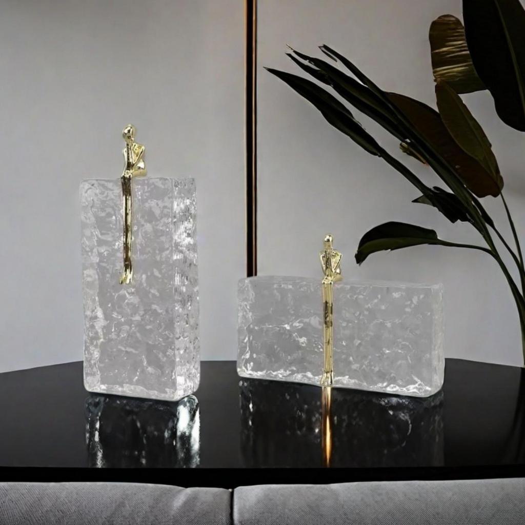 Crystal Block Sculpture with Figure Gold Statue Elegant for Entryway, Homeowners