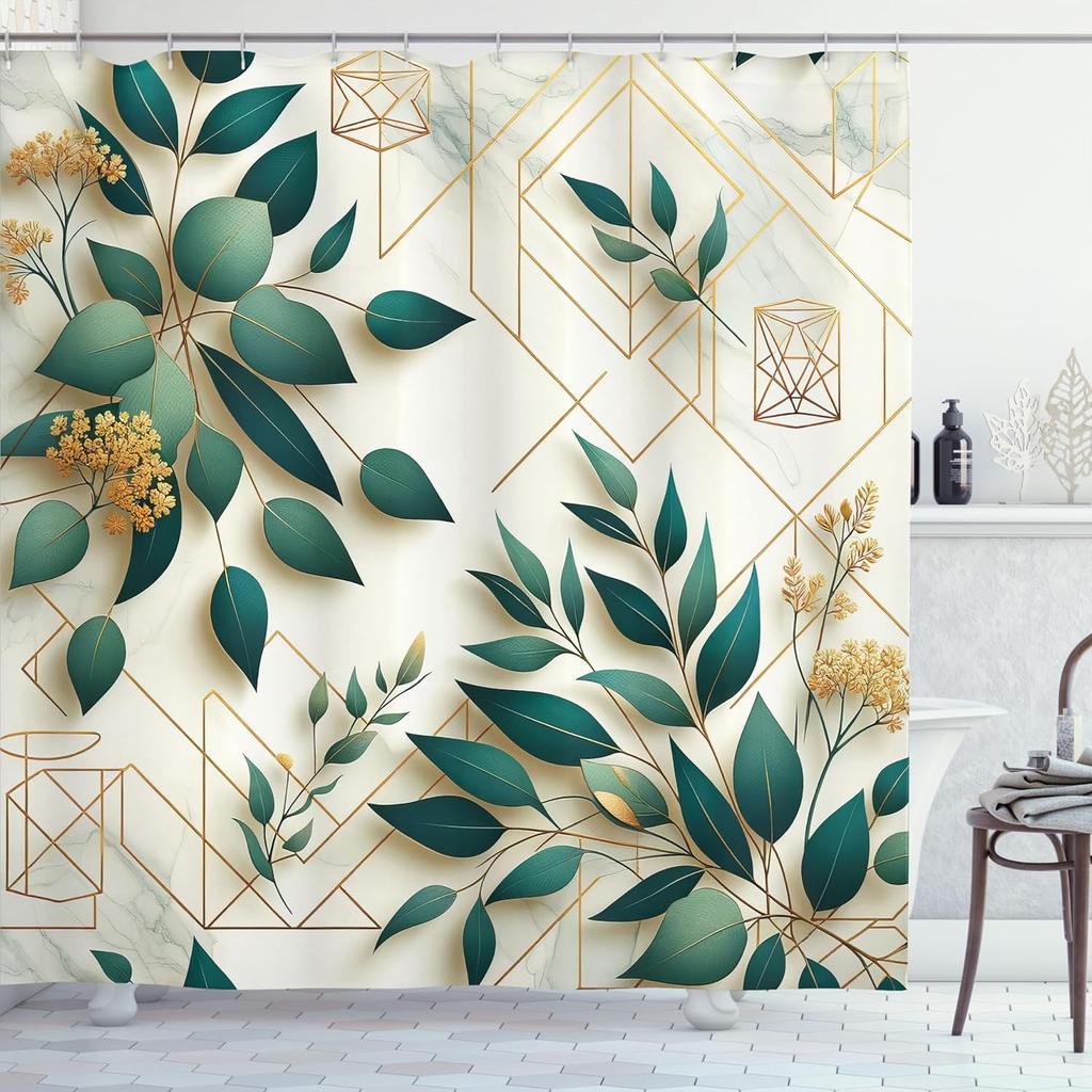 Eucalyptus Leaves Shower Curtain, Modern Minimal Polygonal Shapes Autumn Blooms with Leaf Art, Cloth Fabric Bathroom D