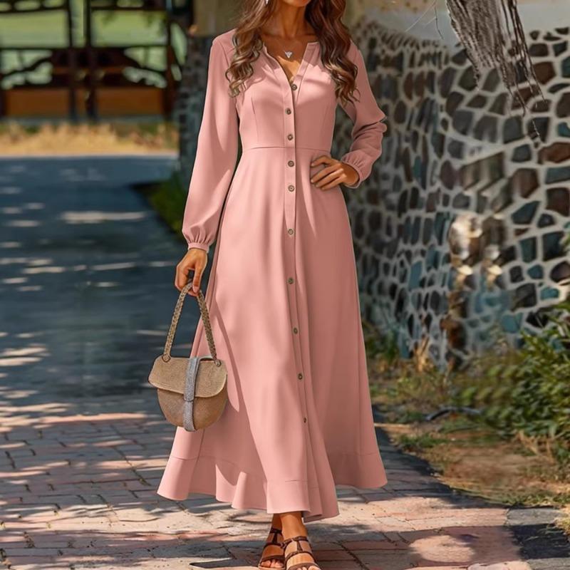 New Women's Casual V-neck Long-sleeved Cardigan Solid Color Women's Dress Long Skirt