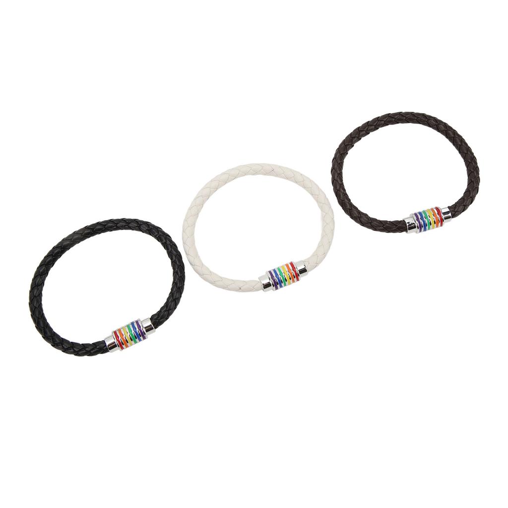 3PCS LGBTQ Bracelet Leather Stainless Steel Pride Woven Braided Magnet Lock Black Brown White LGBTQ Jewelry