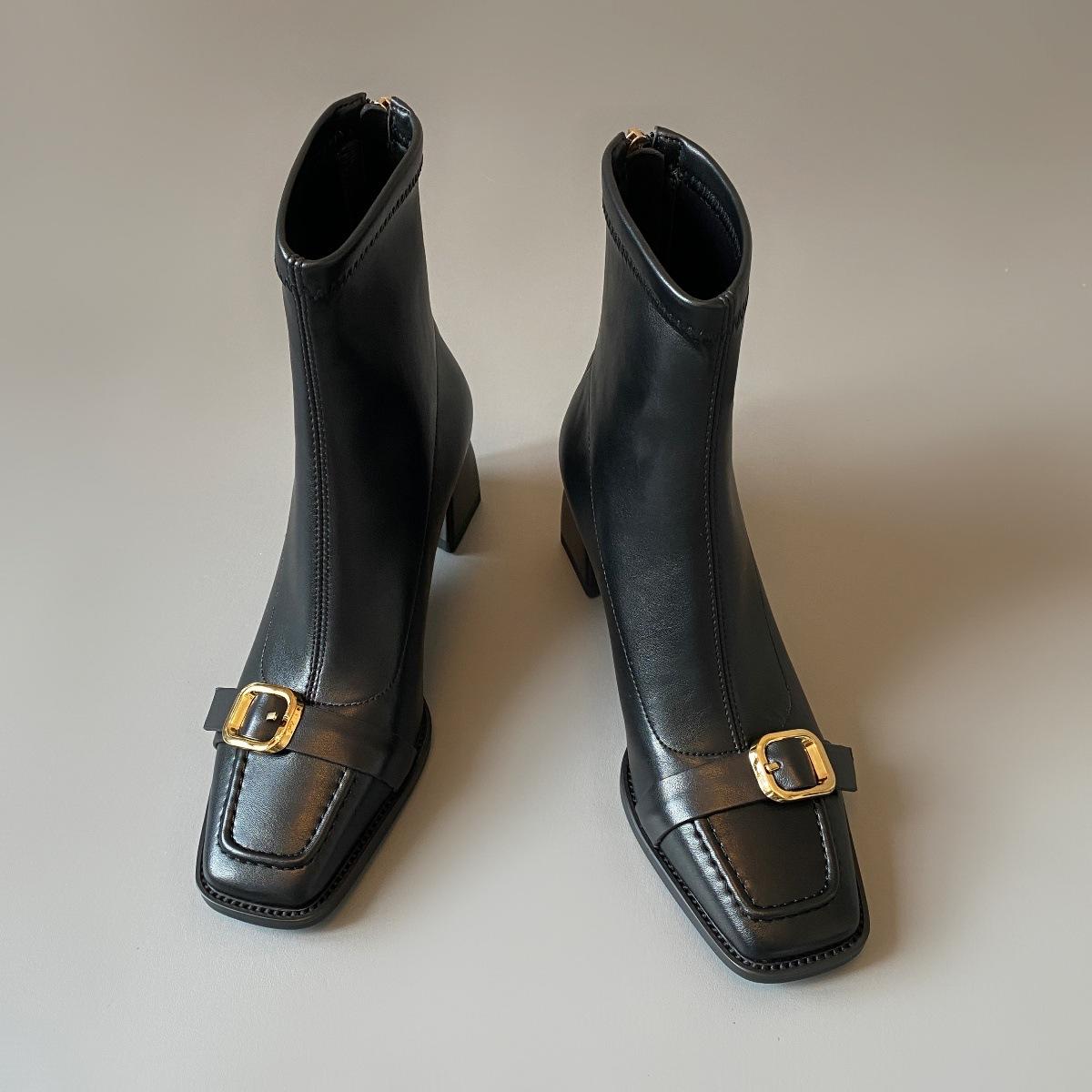 

Французские облегающие ботинки Женские с ремешком и пряжкой на ногах На высоком каблуке Эластичные ботинки Женские Осенне-зимние короткие ботинки Толстый каблук Короткие ботинки 40 чёрный