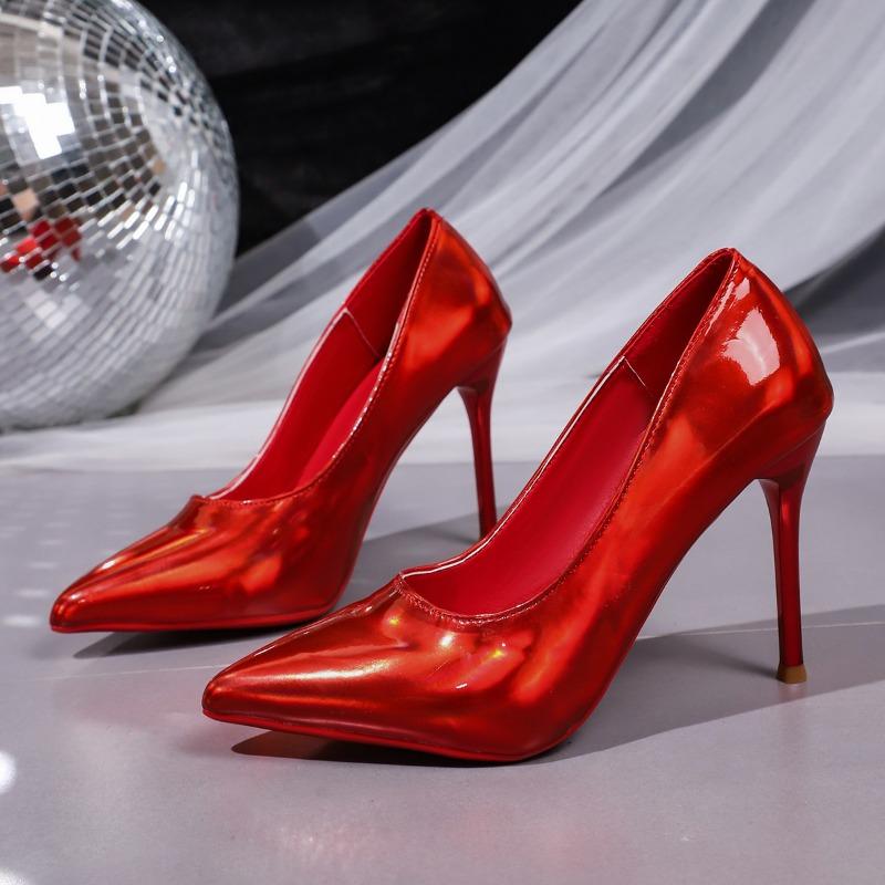 Fashion Red High Heels 2025 New Wedding Shoes Women's Light Mouth Stiletto Patent Leather Sexy Temperament Single Shoes