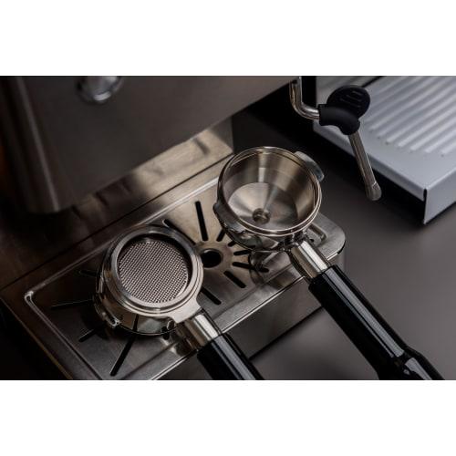La Mellow Hybrid Portafilter 58mm for E61 Group Head Espresso Machines, Bottomless with Double Spout, Removable Blind Filter Basket Included