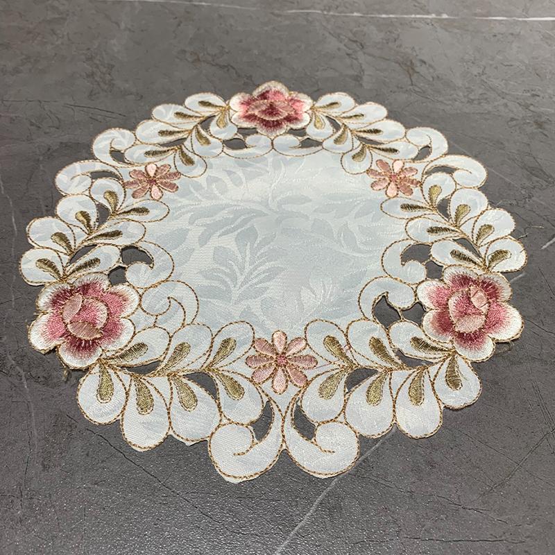 Satin Rose Flower Embroidery Place Table Mat Cloth Pad Cup Doily Napkin Coaster Year Placemat Christmas Wedding Kitchen