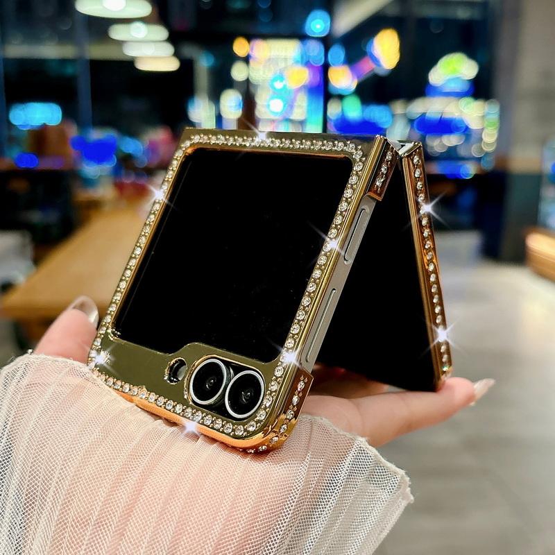 Glitter Diamond Frame Plating 2pcs Phone Case For Samsung Galaxy Z Flip6 Flip5 Flip4 Flip3 Luxury Leather Shockproof Metal Ring Hard PC Folding Cover