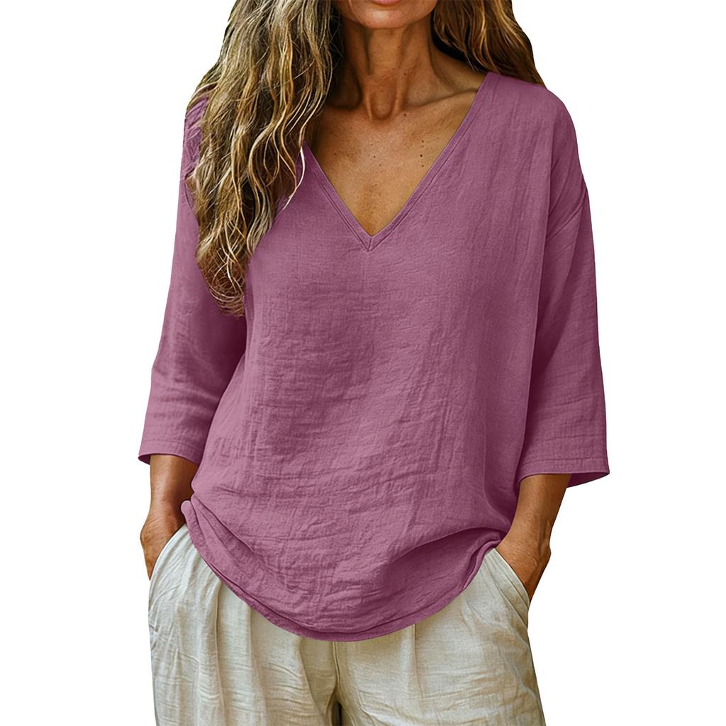 Donna Nuova Primavera Estate Cotone Slub Manica 3/4 Scollo a V Top, Blusa Casual Moda Larga