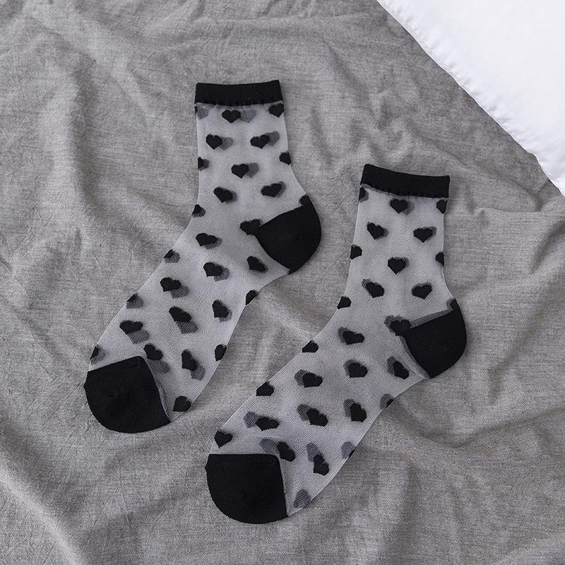 Women’s Summer Sheer Stockings - Black & White Polka Dot, Vertical Stripe, Heart Pattern