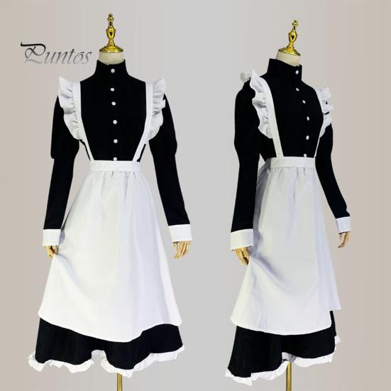 1 Set Maid Cosplay Dress Set Includes Apron Headband Bow And Socks Unisex A-Line Calf-Length Contrast Color Ruffle Dress Parties Photography Servant