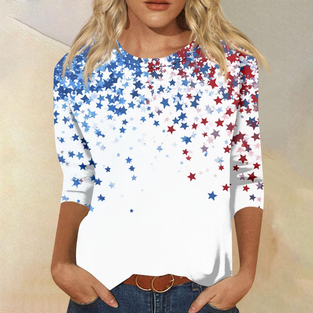 Women's Fashion Casual Seven-Sleeve Independence Day Print Round Neck Top
