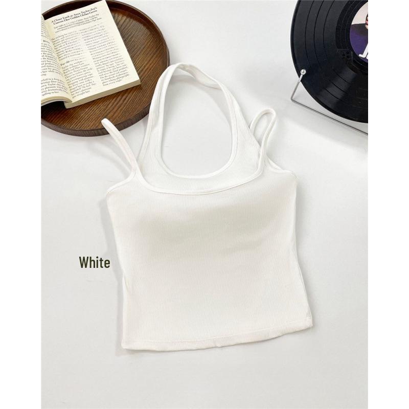 Fashionable Color Block Halterneck Slimming Retro T-Shirt Vest