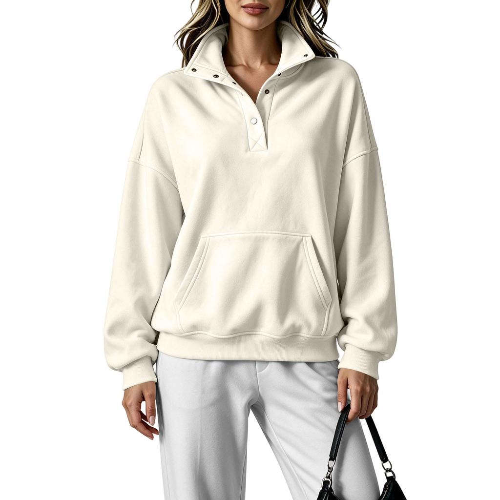 Women's Color Stand Collar Button Up Sweatshirt Fashion Casual Long Sleeve Top