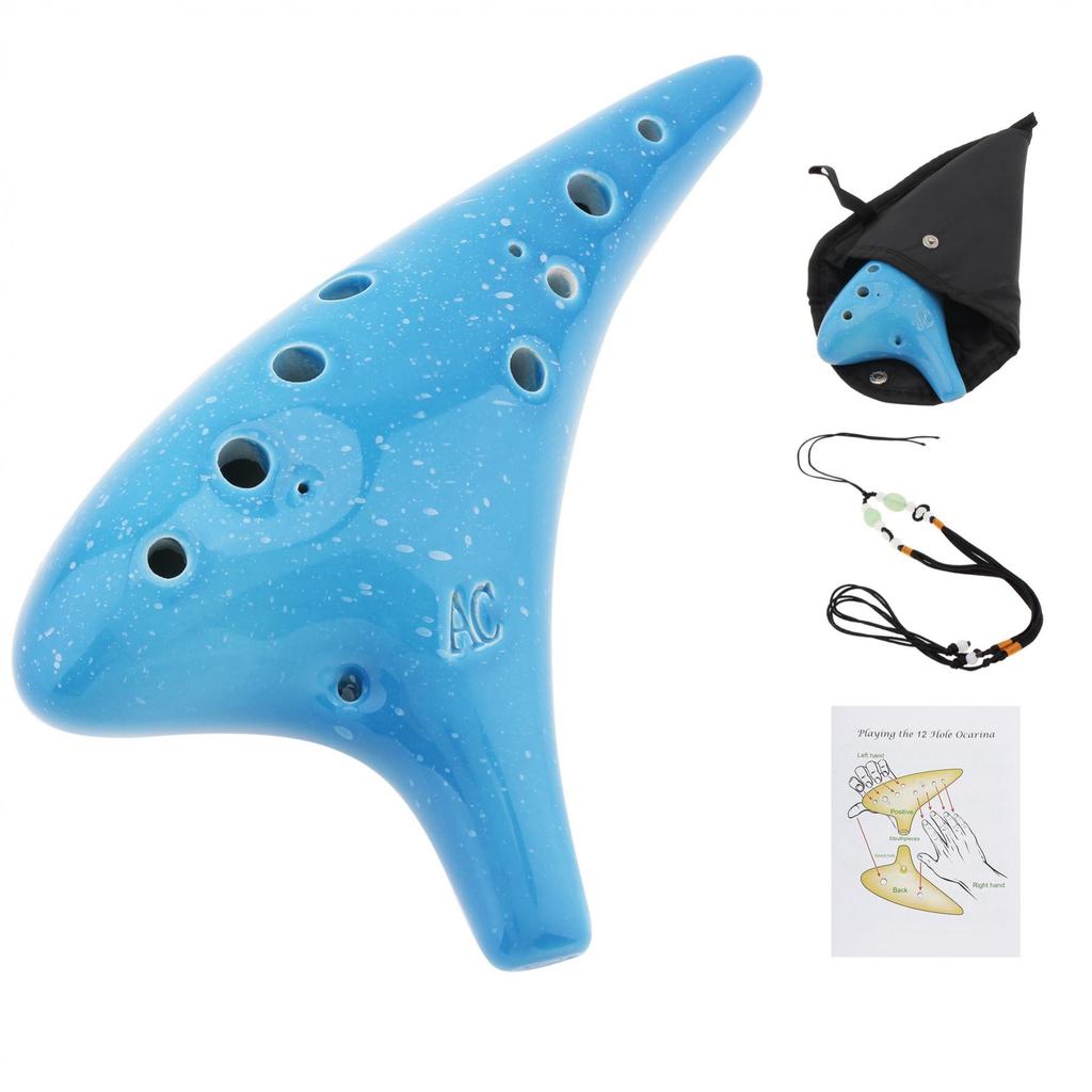 12 Holes Alto ToneC Ceramic Ocarina with Song Book Neck Cord Carry Bag, Good Gift Musical Instrument for Beginners
