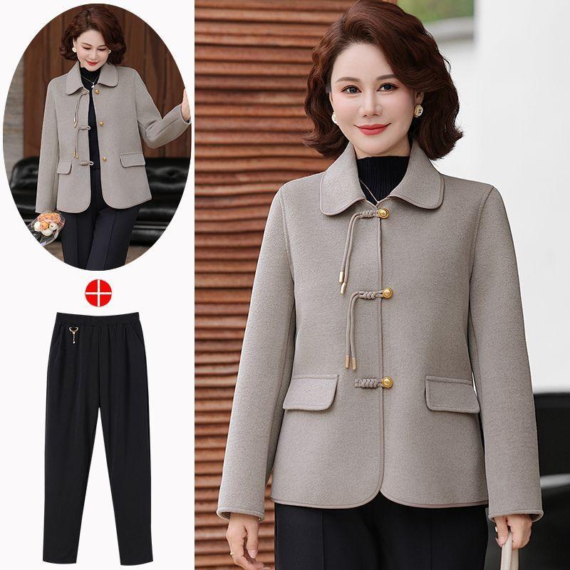 Mom's Double-Faced Wool Coat: New Chinese Style Autumn/Winter Jacket for Stylish Middle-Aged Women