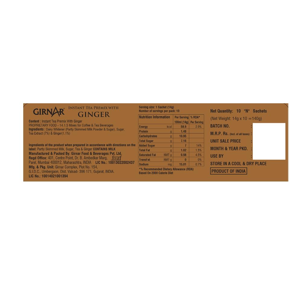 Girnar Instant Ginger Tea Premix – 10 Sachets | Vegan Powder Blend for Cozy, Aromatic, Refreshing Tea Anytime, Anywhere