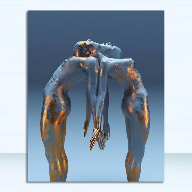 Metal Abstract Figure Statue Canvas Painting Poster and Prints Golden Portrait Sculpture Wall Picture for Living Room Home Decor