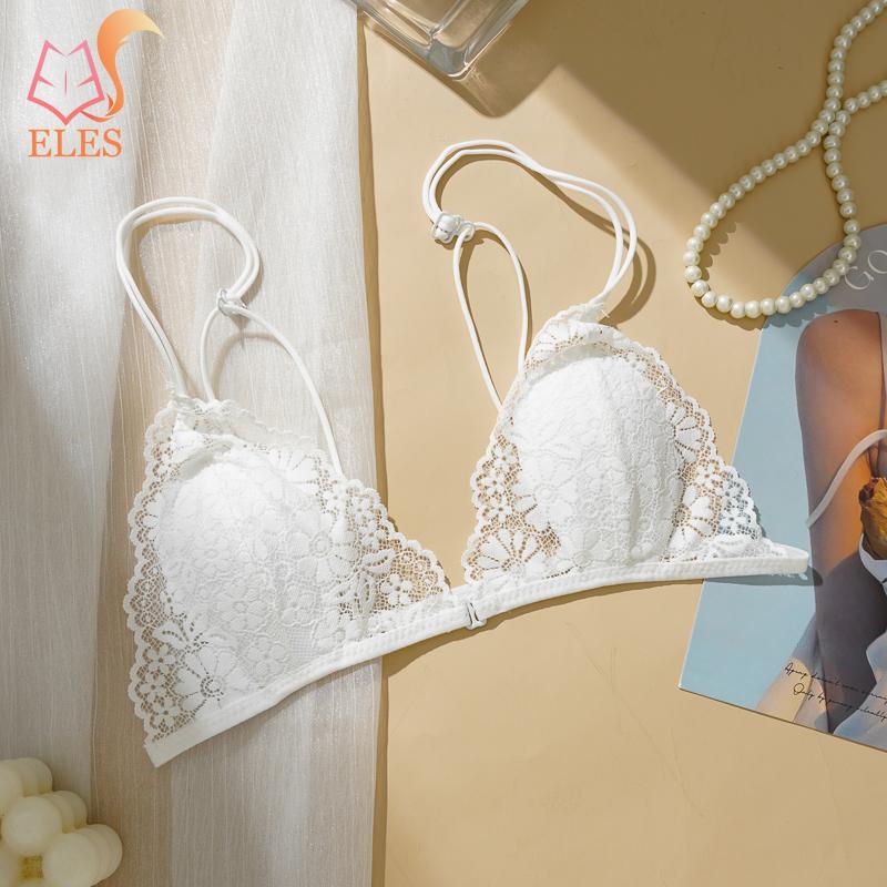 Sutiã de Renda Ultrafino com Botão Frontal Copa Triangular Francesa Seios Pequenos Sem Aro de Aço Desejo Puro Alça Fina Costas Lindas