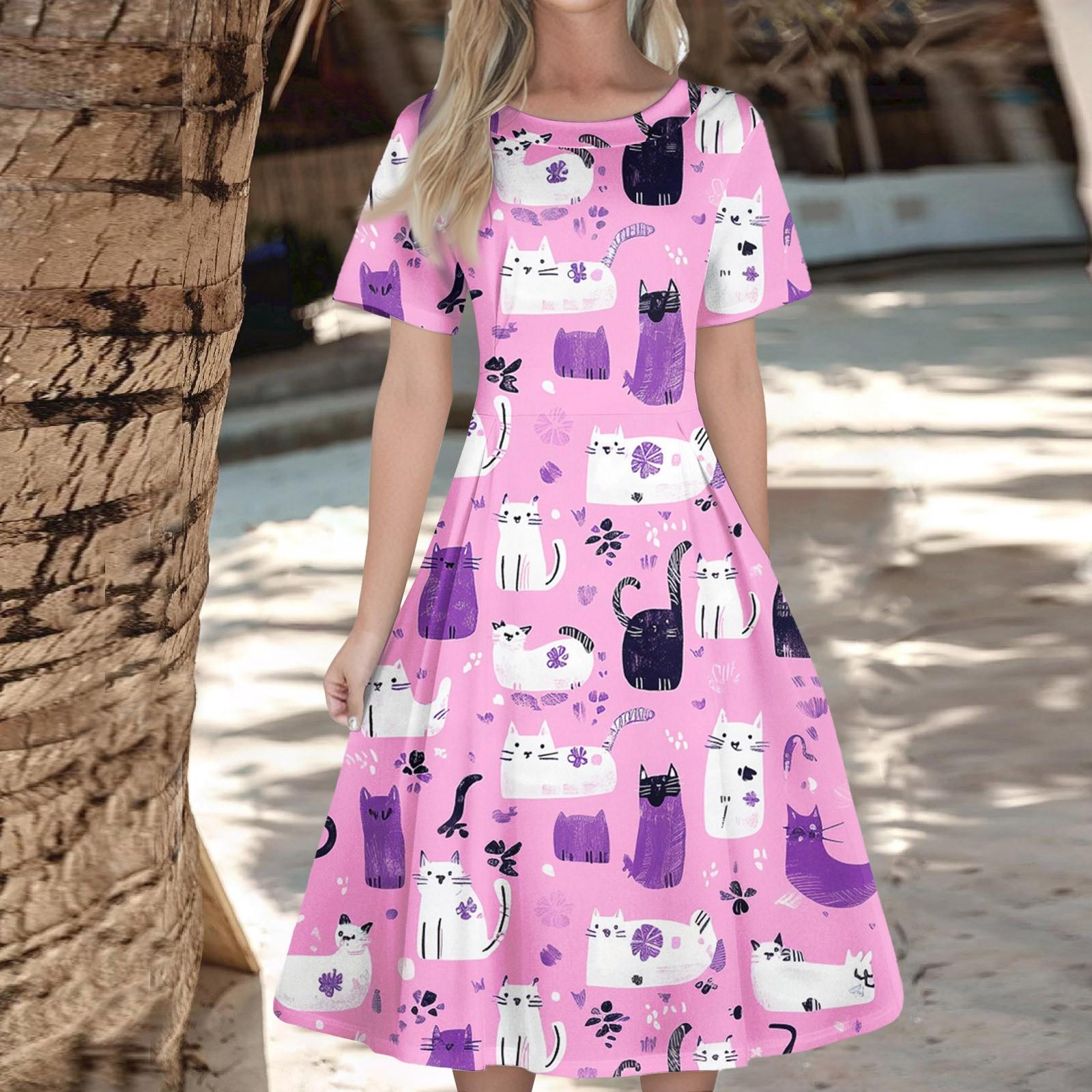 

Women s Casual Fashion Dress Animal Floral Print Round Short Sleeve Waist Mid-Length Swing Dress (with Zipper) M рожевий