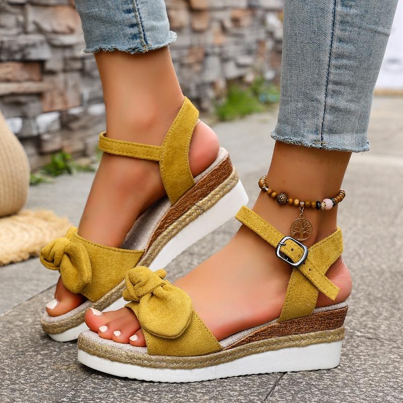 2025 Summer New Bow Wedge Heel Sandals New Fashion Platform Thick Bottom Sandals Buckle Casual Comfortable Sandals for Shoes