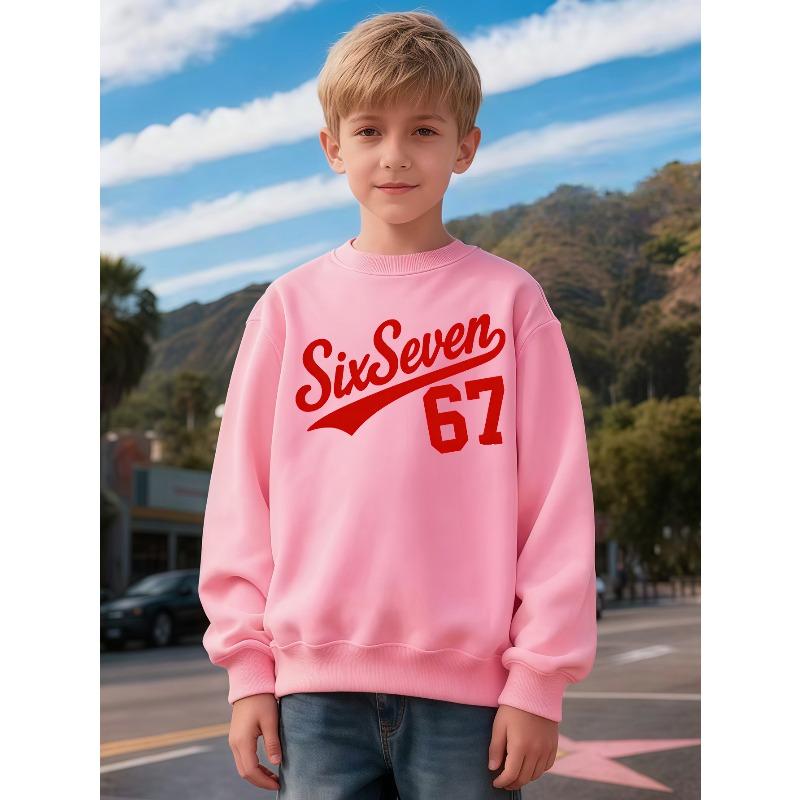Kids Unisex Crewneck Sweatshirt, Vintage Cursive Number 67 Print Long Sleeve Pullover, Boys Girls Casual Birthday Sweatshirt For Kids Over 4 Years Old