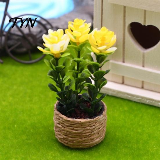 Decorative Plastic Plants Mini Artificial with Vase, Small Fake In Handwoven Seagrass Flowers Baskets, Realistic Faux Floral Arrangement for
