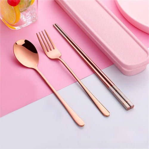 Stainless Steel Spoon, Fork, and Chopsticks Set for Lunchboxes, Hygienic, Durable, and Stylish, Includes a Wheat Container, Portable, and Available in