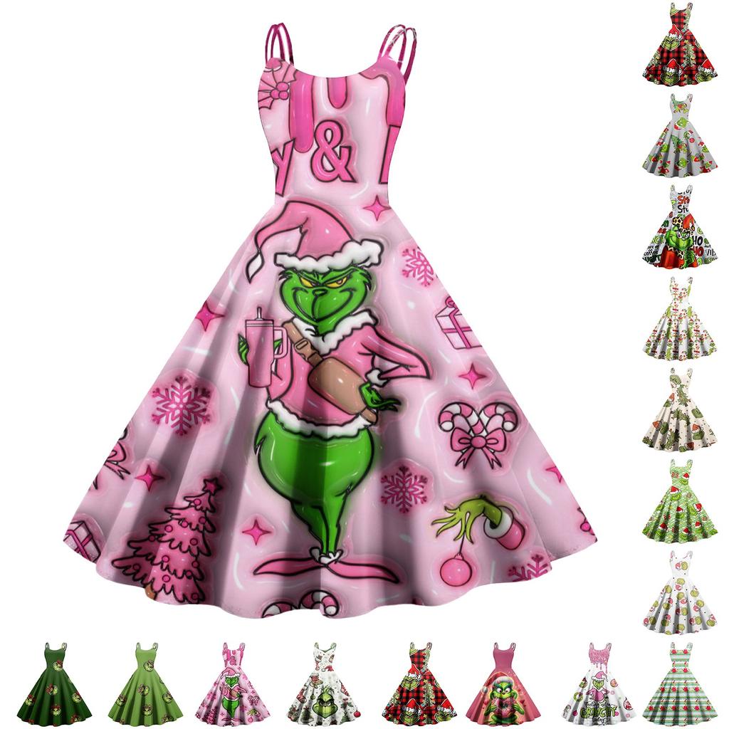 Women's Christmas Hat Printed Sexy Slim-Fit Off-Shoulder Punk Retro Dress