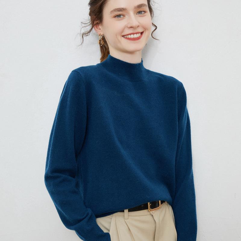 First-line Ready-to-wear% Wool Sweater Women's Semi-turtleneck Autumn and Winter Solid Color Loose Pullover Knitted Bottoming Sweater